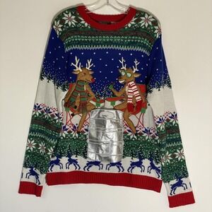 33 Degrees Sweater Mens Large Green Ugly Christmas Reindeer Keg Beer Koozie L